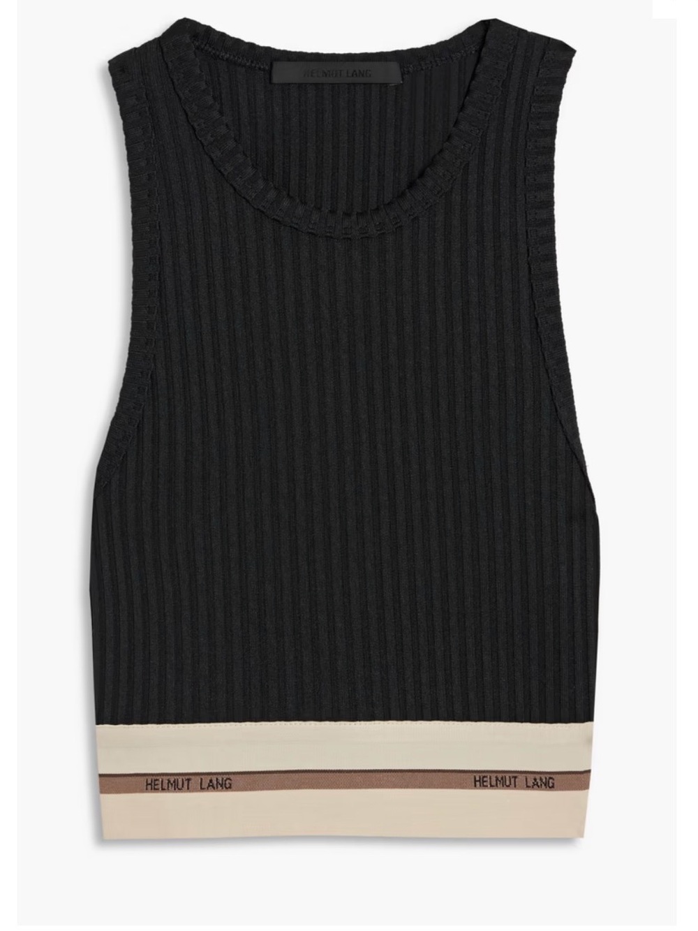 Helmut Lang Black Ribbed Crop Tank with Cream & Brown Trim